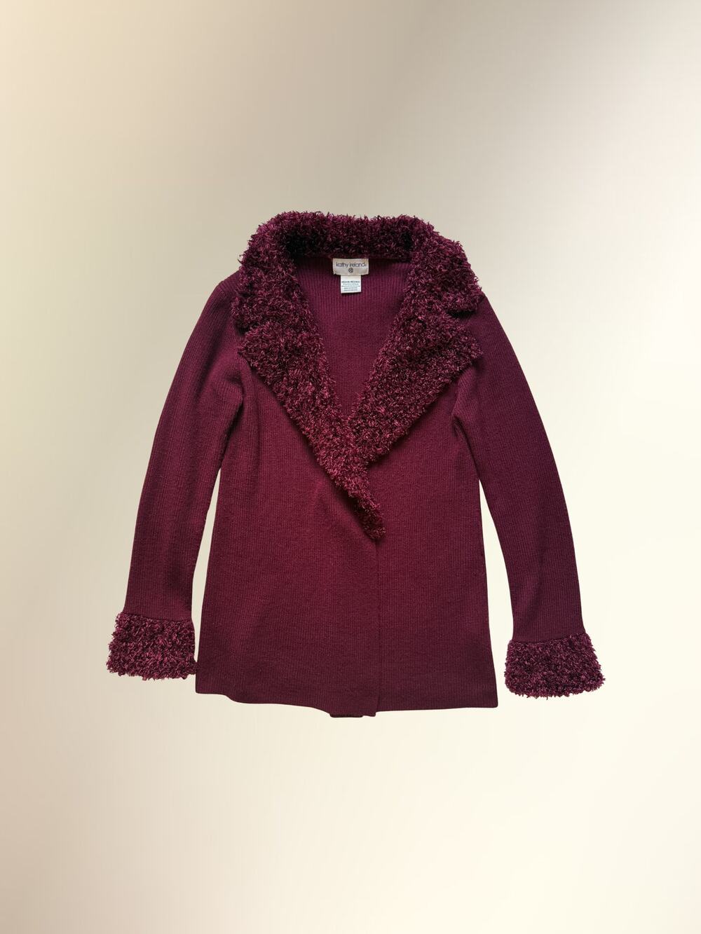 Kathy Ireland Burgundy Wine Fuzzy Eyelash Shawl Collar Knit Cardigan Women's M